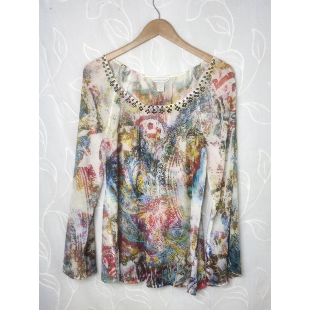 Christopher & Banks Women's Medium Sheer Art Top Bell Sleeve Colorful Boho